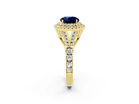 Yellow gold Double Halo Round Cut Blue Sapphire Pavé Split Shank Ring with Prong Setting_2