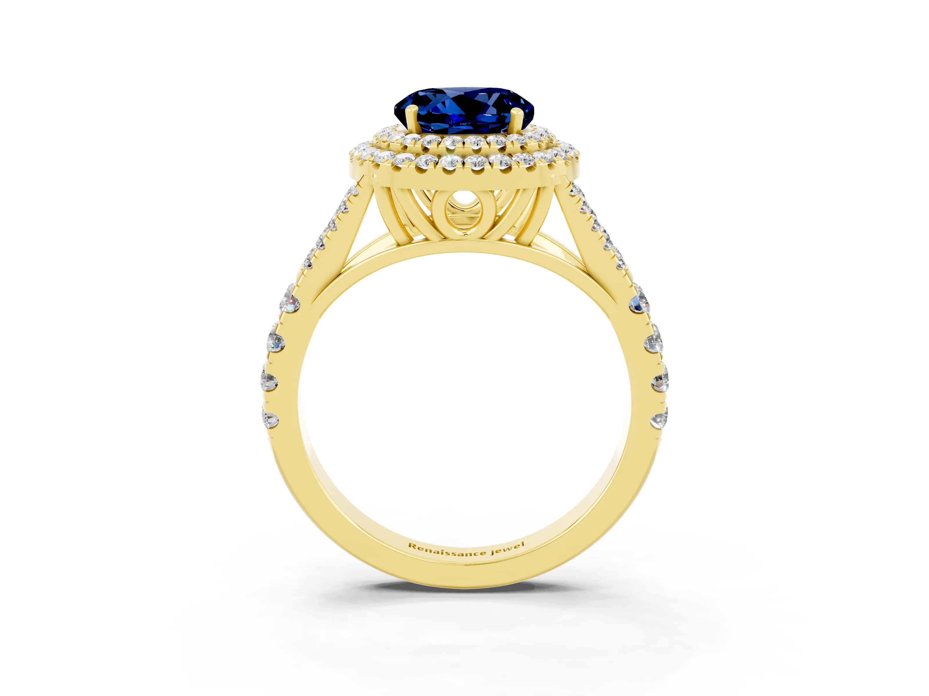 Yellow gold Double Halo Round Cut Blue Sapphire Pavé Split Shank Ring with Prong Setting_3