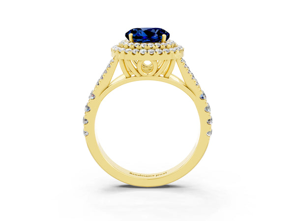 Yellow gold Double Halo Round Cut Blue Sapphire Pavé Split Shank Ring with Prong Setting