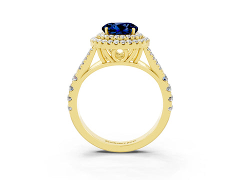 Yellow gold Double Halo Round Cut Blue Sapphire Pavé Split Shank Ring with Prong Setting_3