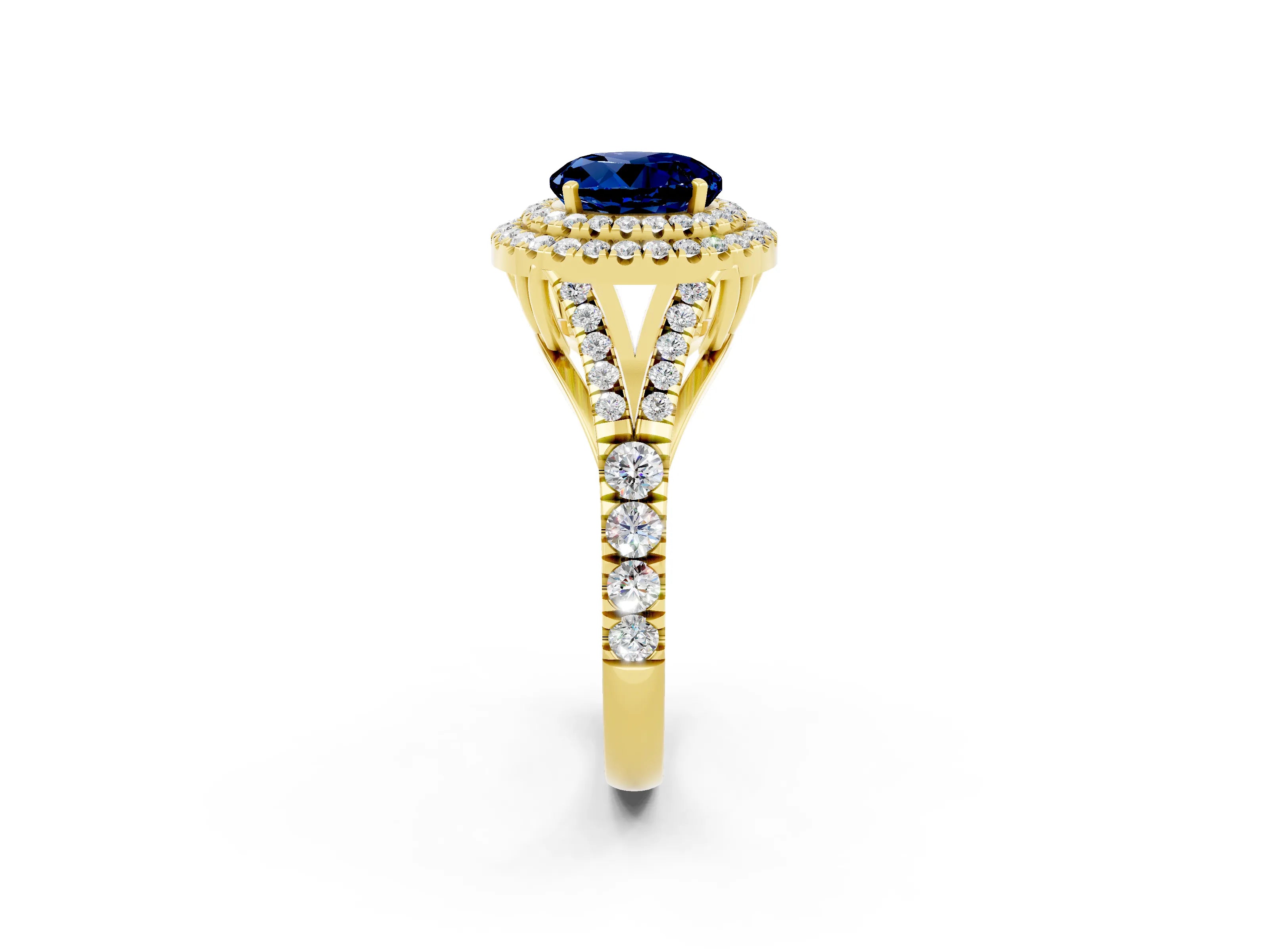 Yellow gold Double Halo Round Cut Blue Sapphire Split Shank Engagement Ring with Four-Prong Setting_2