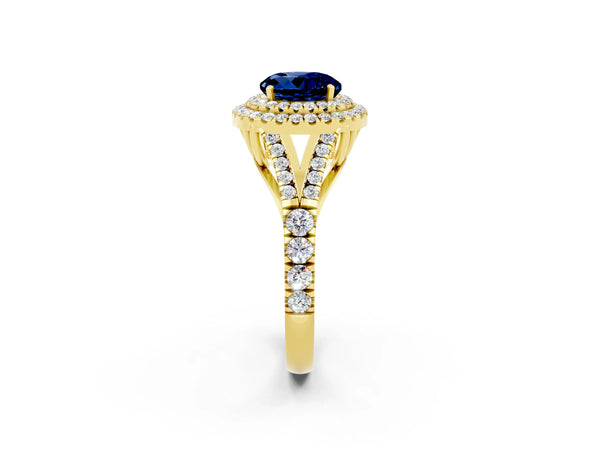 Yellow gold Double Halo Round Cut Blue Sapphire Split Shank Engagement Ring with Four-Prong Setting