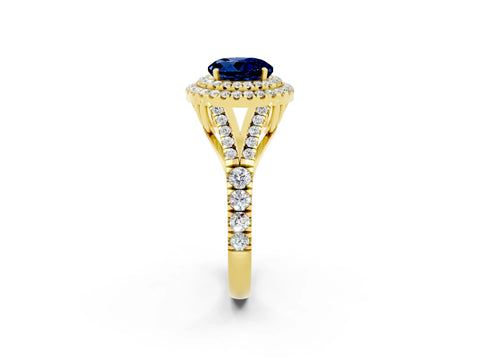 Yellow gold Double Halo Round Cut Blue Sapphire Split Shank Engagement Ring with Four-Prong Setting_2
