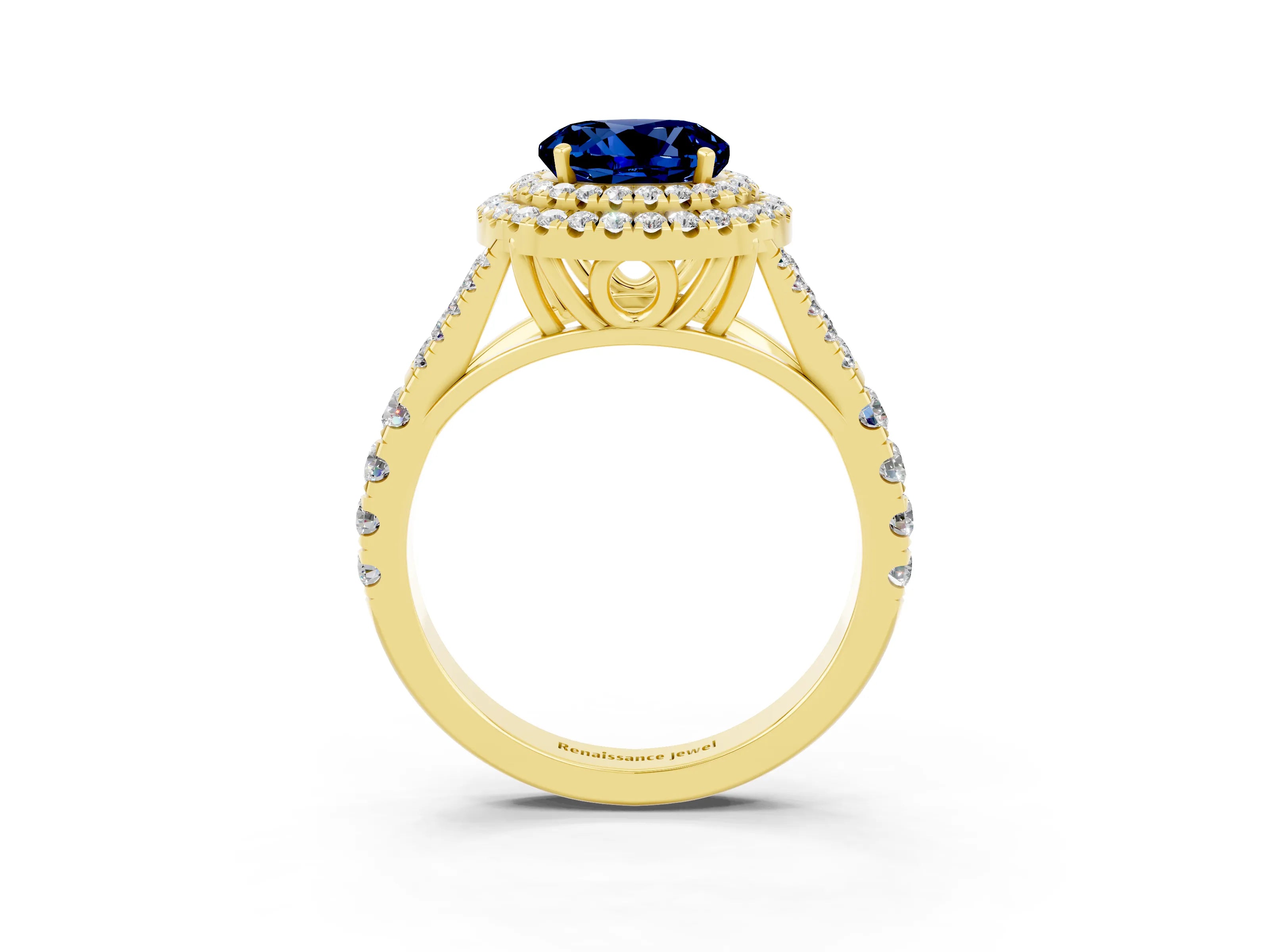 Yellow gold Double Halo Round Cut Blue Sapphire Split Shank Engagement Ring with Four-Prong Setting_3