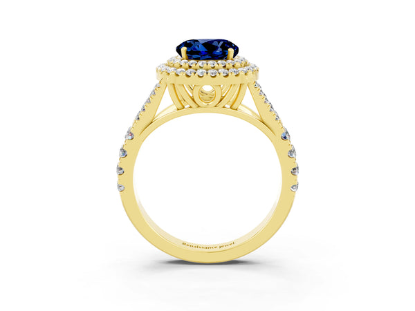 Yellow gold Double Halo Round Cut Blue Sapphire Split Shank Engagement Ring with Four-Prong Setting