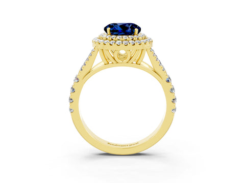 Yellow gold Double Halo Round Cut Blue Sapphire Split Shank Engagement Ring with Four-Prong Setting_3