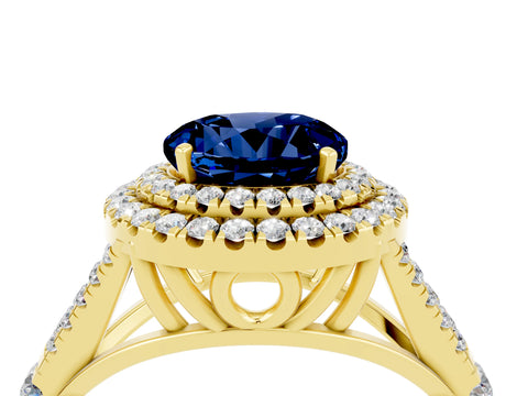 Yellow gold Double Halo Round Cut Blue Sapphire Split Shank Engagement Ring with Four-Prong Setting_4