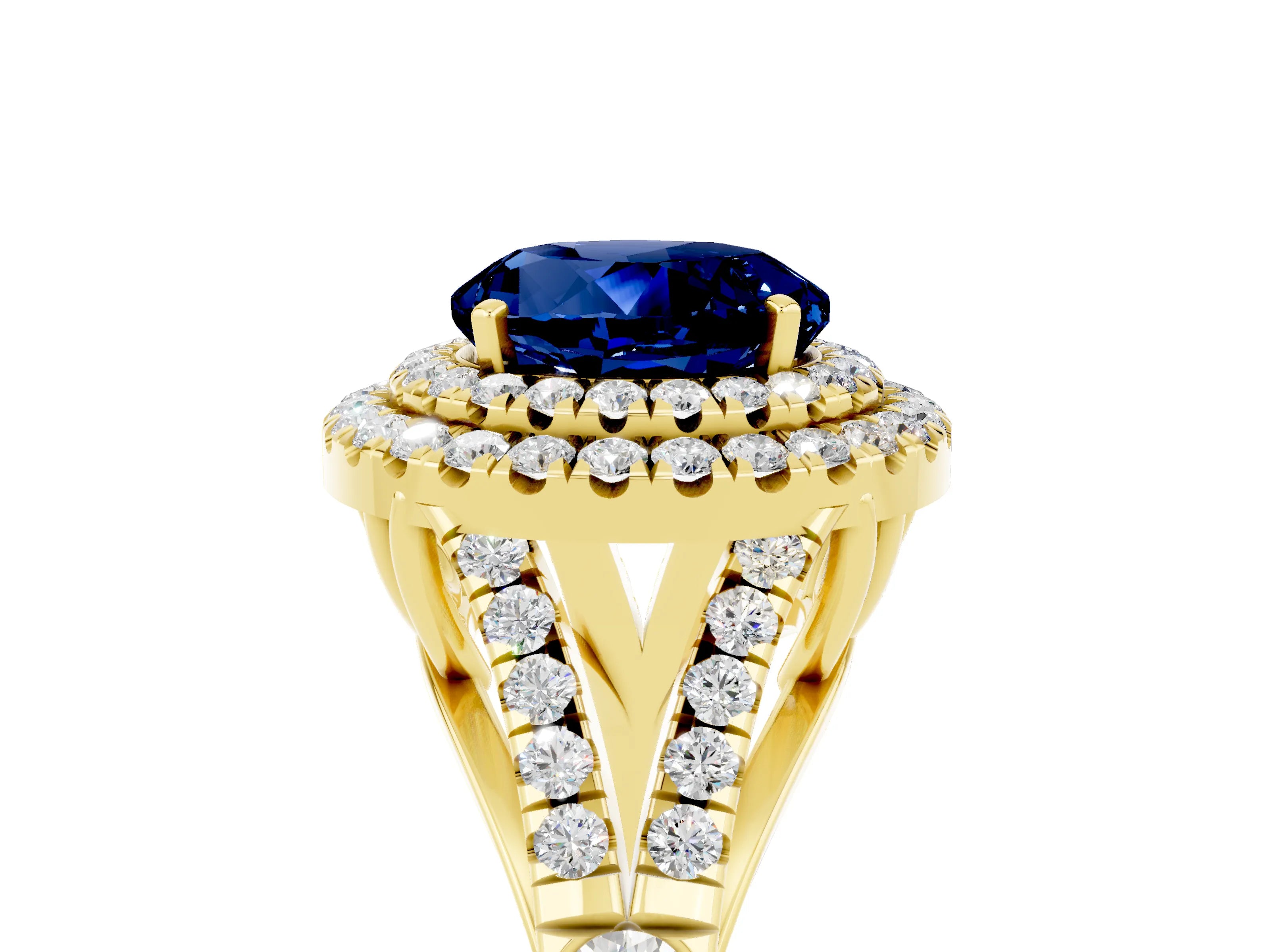 Yellow gold Double Halo Round Cut Blue Sapphire Split Shank Engagement Ring with Four-Prong Setting_5