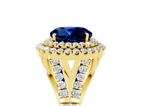 Yellow gold Double Halo Round Cut Blue Sapphire Split Shank Engagement Ring with Four-Prong Setting_5