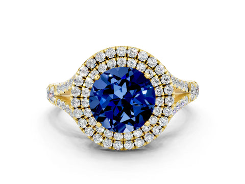 Yellow gold Double Halo Round Cut Blue Sapphire Split Shank Engagement Ring with Four-Prong Setting