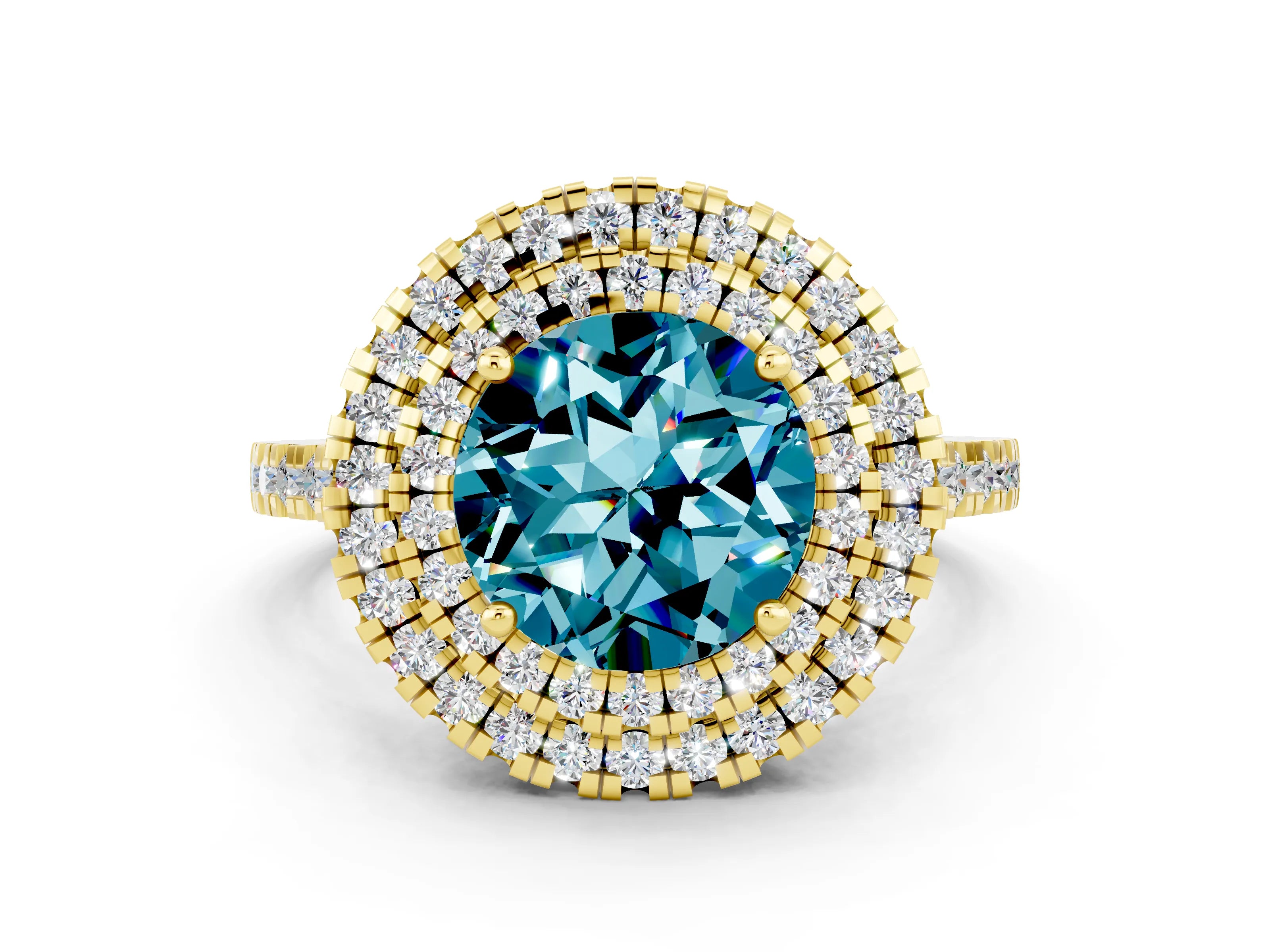 Yellow gold Double Halo Round Cut Blue Topaz Pavé Band with Four-Prong Setting