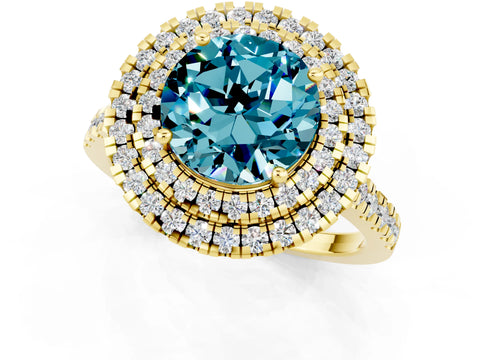 Yellow gold Double Halo Round Cut Blue Topaz Pavé Band with Four-Prong Setting_1