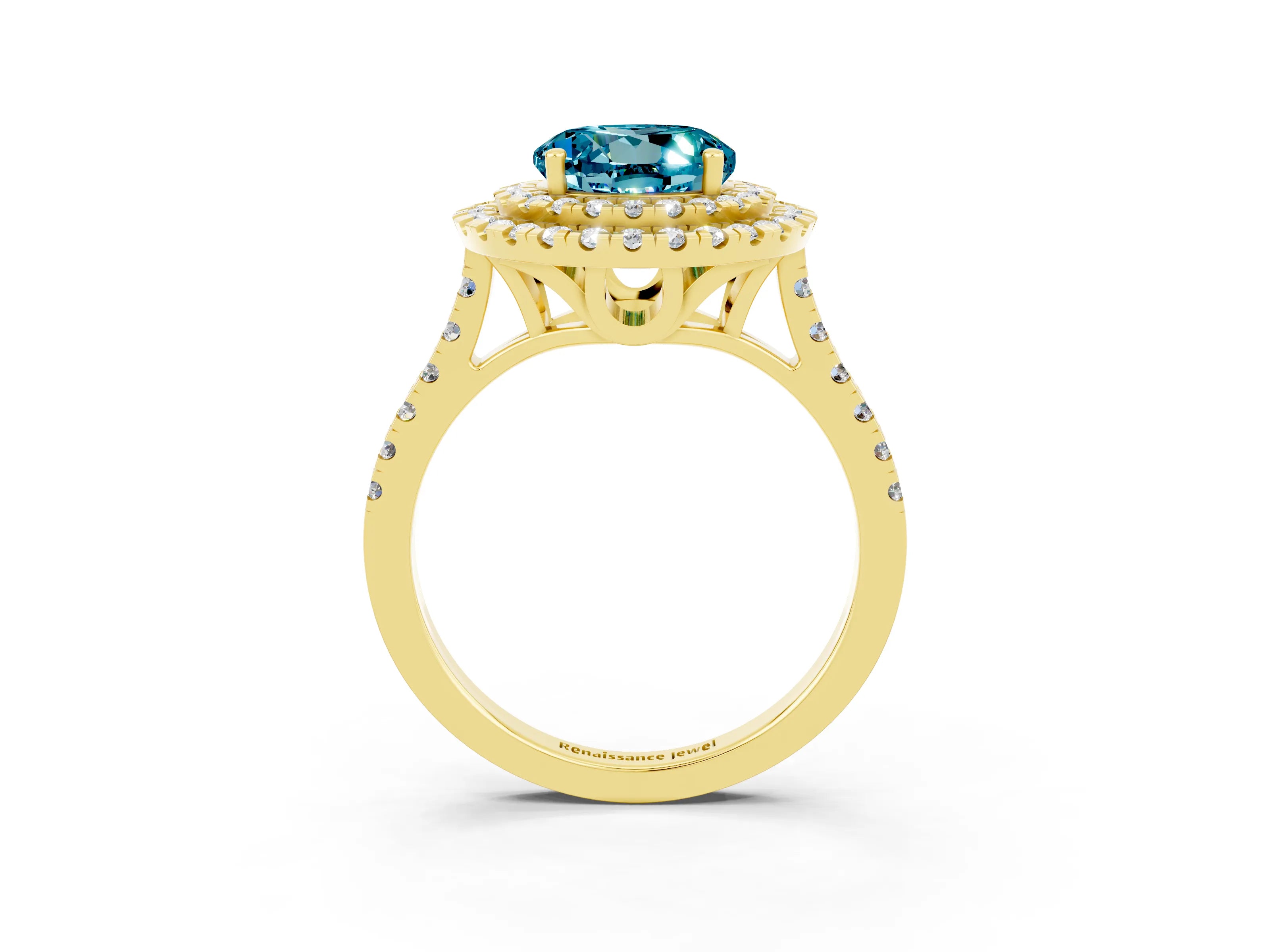Yellow gold Double Halo Round Cut Blue Topaz Pavé Band with Four-Prong Setting_3