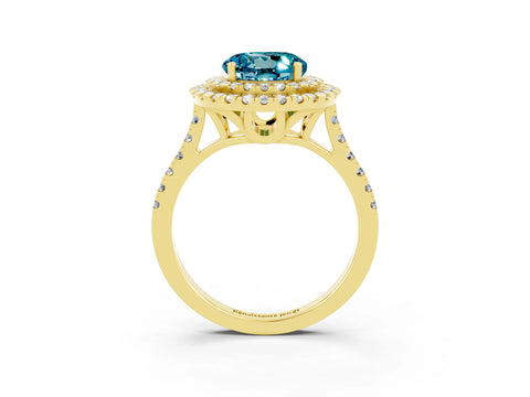 Yellow gold Double Halo Round Cut Blue Topaz Pavé Band with Four-Prong Setting_3