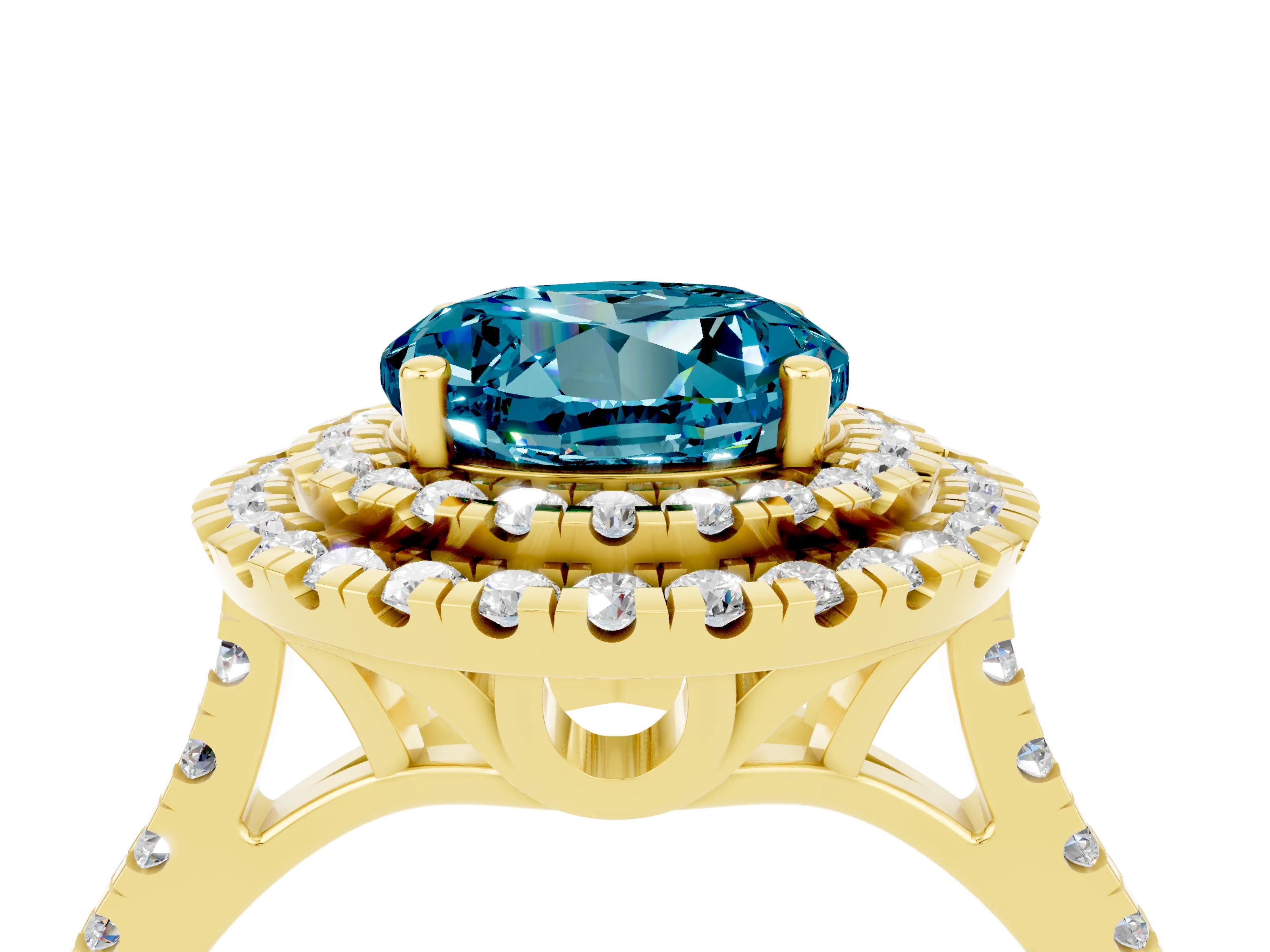 Yellow gold Double Halo Round Cut Blue Topaz Pavé Band with Four-Prong Setting_4