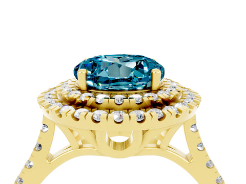 Yellow gold Double Halo Round Cut Blue Topaz Pavé Band with Four-Prong Setting_4