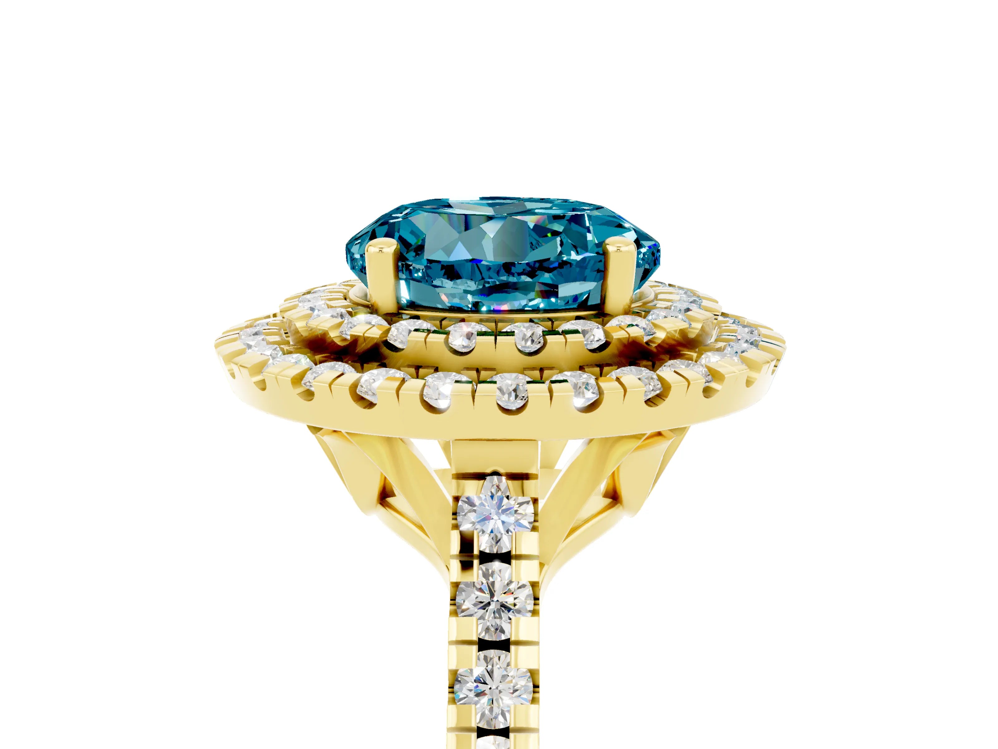 Yellow gold Double Halo Round Cut Blue Topaz Pavé Band with Four-Prong Setting_5
