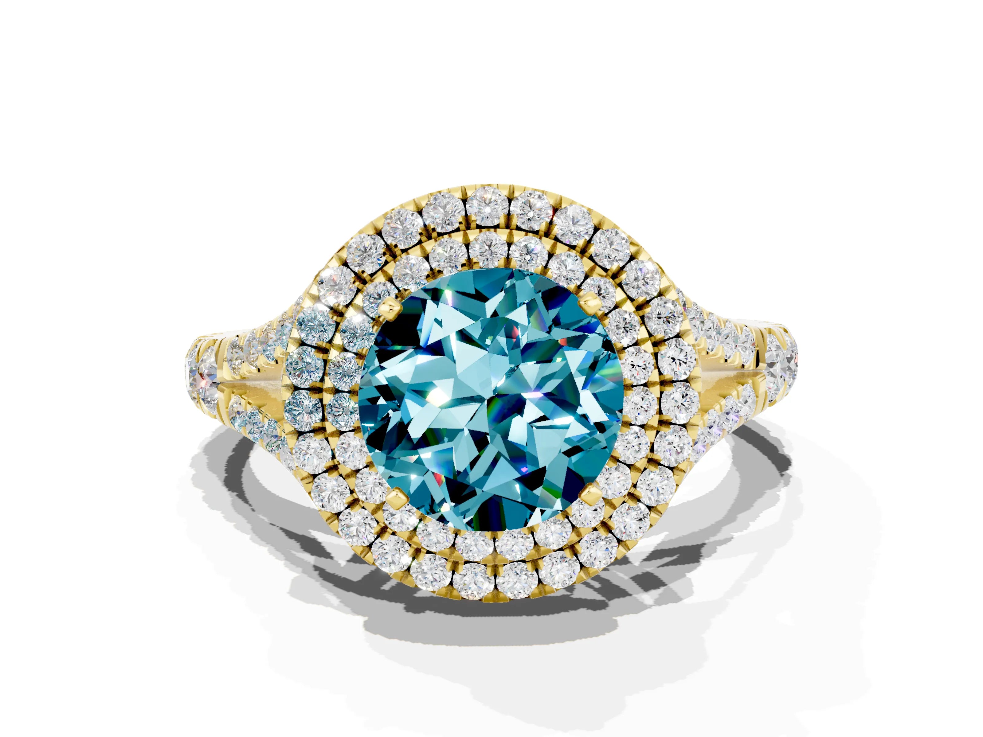 Yellow gold Double Halo Round Cut Blue Topaz Pavé Split Shank Ring with Prong Setting