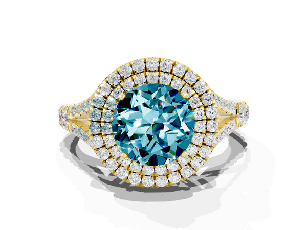 Yellow gold Double Halo Round Cut Blue Topaz Pavé Split Shank Ring with Prong Setting