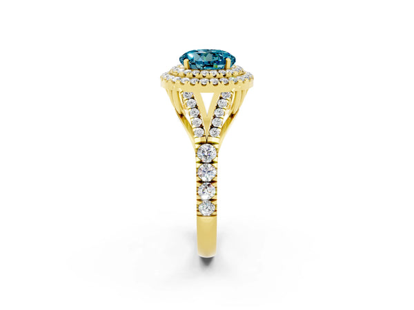 Yellow gold Double Halo Round Cut Blue Topaz Pavé Split Shank Ring with Prong Setting