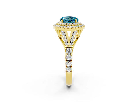 Yellow gold Double Halo Round Cut Blue Topaz Pavé Split Shank Ring with Prong Setting_2