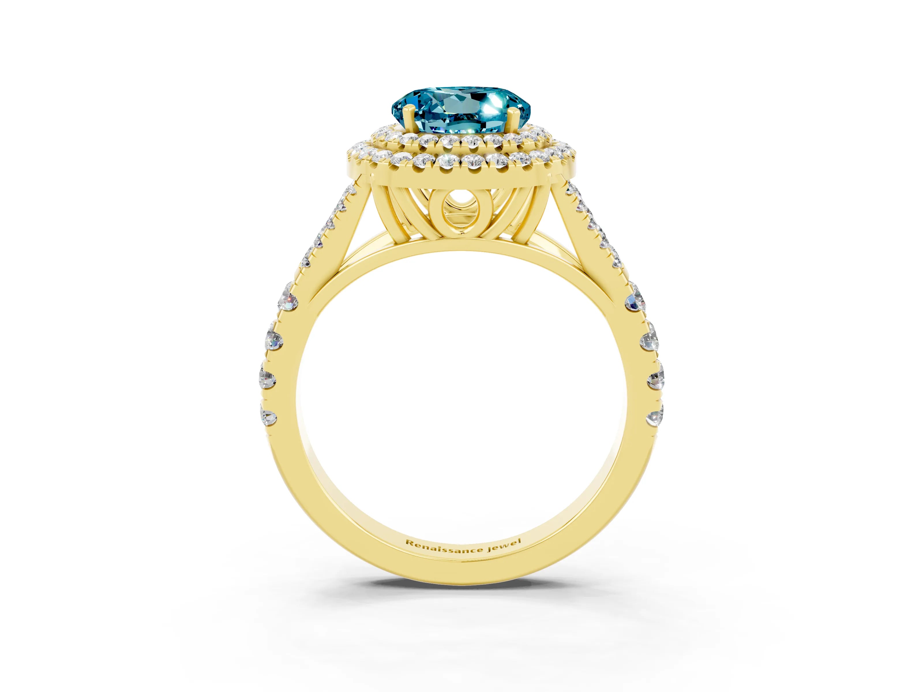 Yellow gold Double Halo Round Cut Blue Topaz Pavé Split Shank Ring with Prong Setting_3