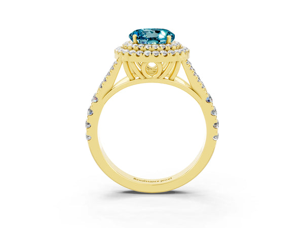 Yellow gold Double Halo Round Cut Blue Topaz Pavé Split Shank Ring with Prong Setting