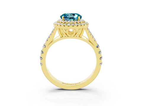 Yellow gold Double Halo Round Cut Blue Topaz Pavé Split Shank Ring with Prong Setting_3