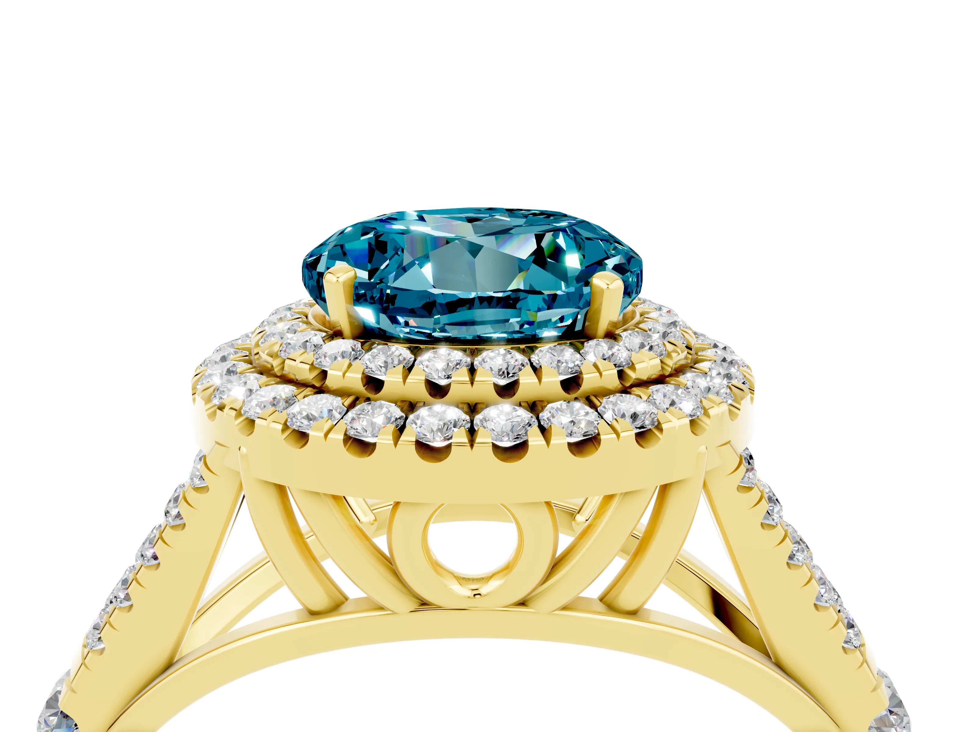 Yellow gold Double Halo Round Cut Blue Topaz Pavé Split Shank Ring with Prong Setting_4