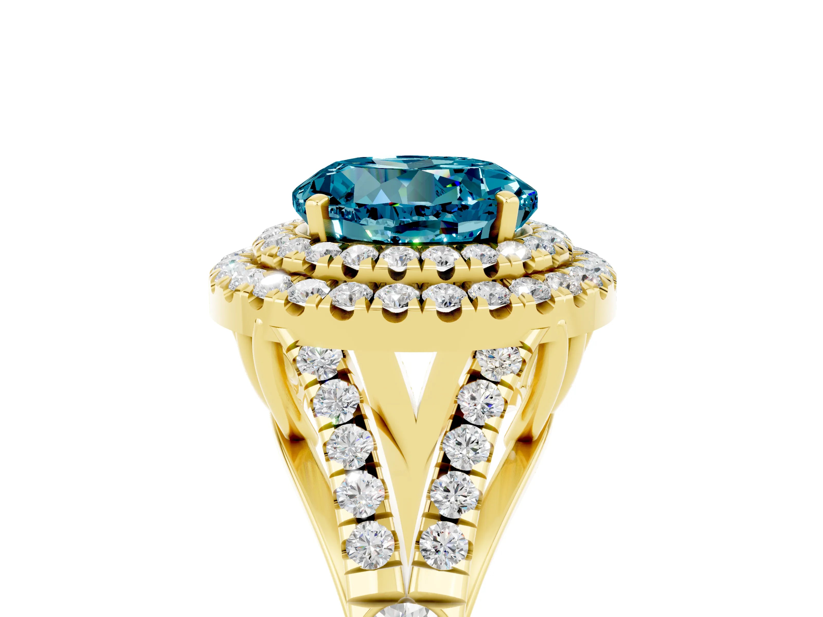 Yellow gold Double Halo Round Cut Blue Topaz Pavé Split Shank Ring with Prong Setting_5