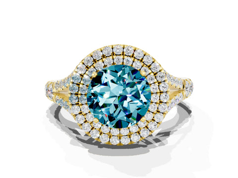 Yellow gold Double Halo Round Cut Blue Topaz Pavé Split Shank Ring with Prong Setting