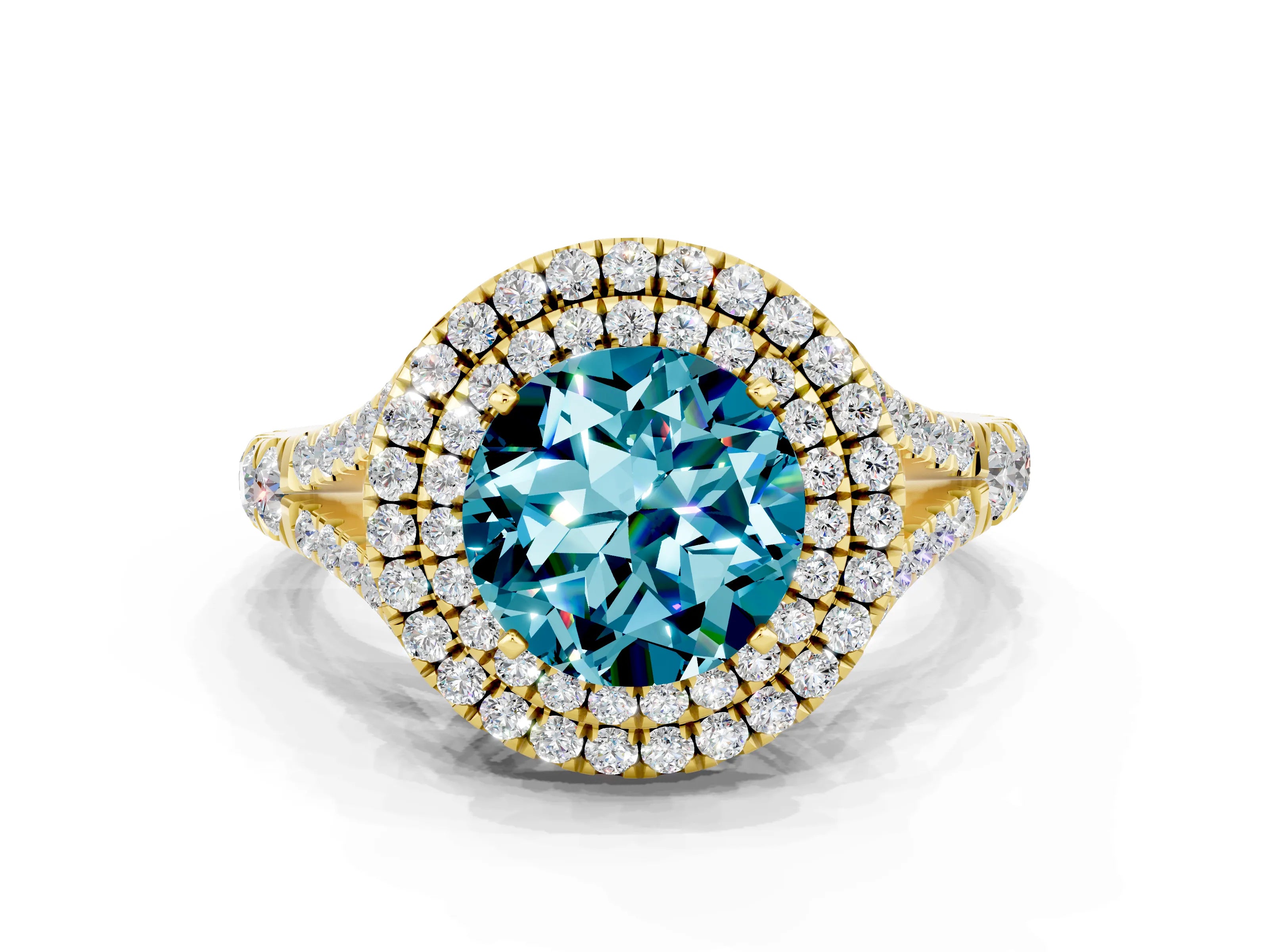 Yellow gold Double Halo Round Cut Blue Topaz Split Shank Engagement Ring with Four-Prong Setting