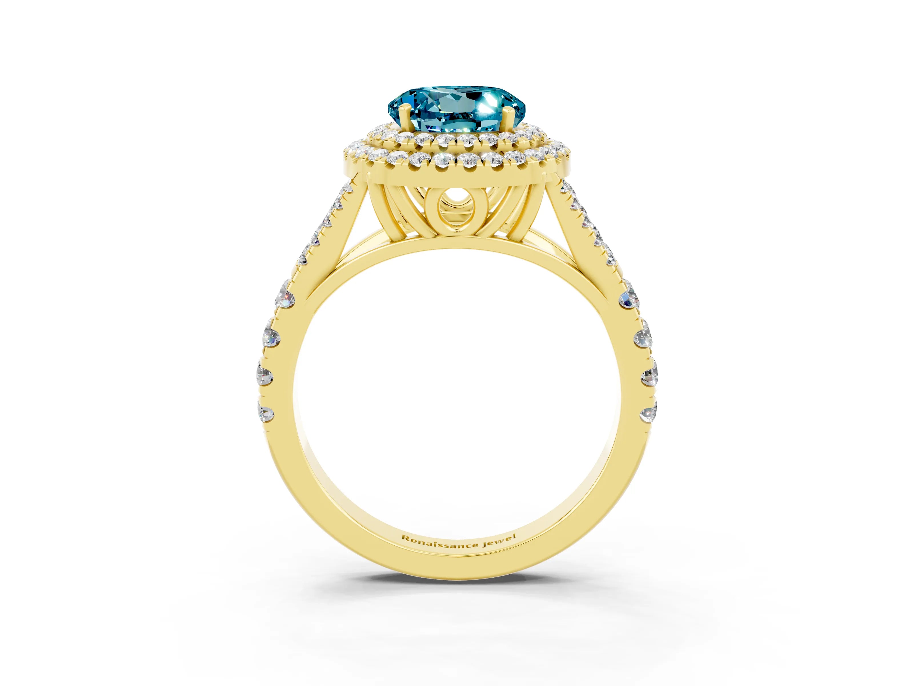 Yellow gold Double Halo Round Cut Blue Topaz Split Shank Engagement Ring with Four-Prong Setting_3