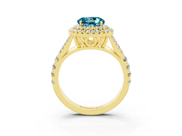 Yellow gold Double Halo Round Cut Blue Topaz Split Shank Engagement Ring with Four-Prong Setting