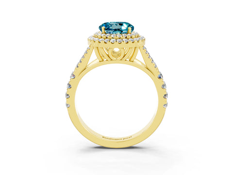Yellow gold Double Halo Round Cut Blue Topaz Split Shank Engagement Ring with Four-Prong Setting_3