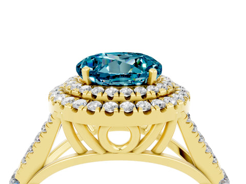 Yellow gold Double Halo Round Cut Blue Topaz Split Shank Engagement Ring with Four-Prong Setting_4