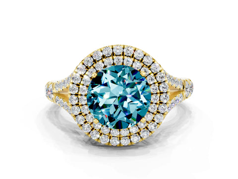 Yellow gold Double Halo Round Cut Blue Topaz Split Shank Engagement Ring with Four-Prong Setting