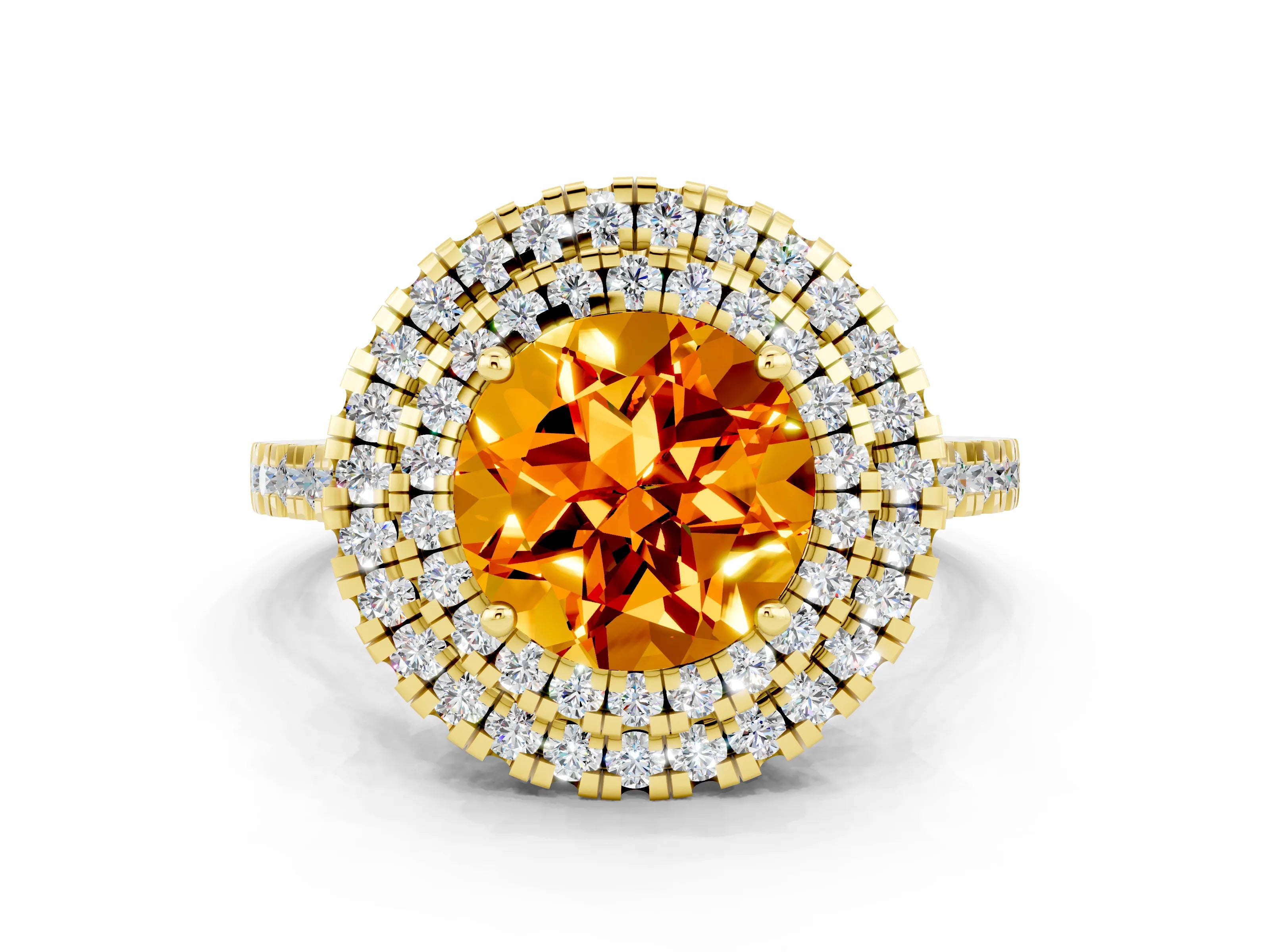 Yellow gold Double Halo Round Cut Citrine Pavé Band with Four-Prong Setting