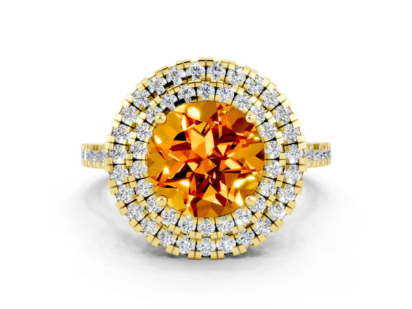 Yellow gold Double Halo Round Cut Citrine Pavé Band with Four-Prong Setting