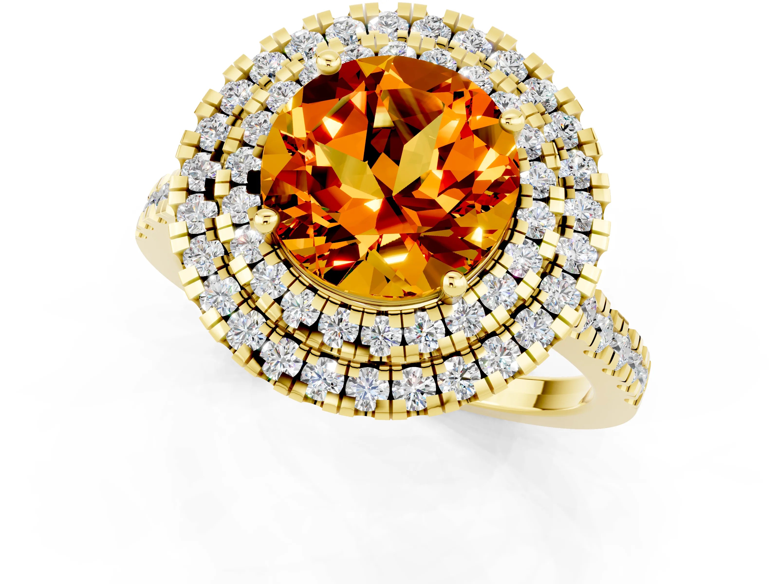 Yellow gold Double Halo Round Cut Citrine Pavé Band with Four-Prong Setting_1