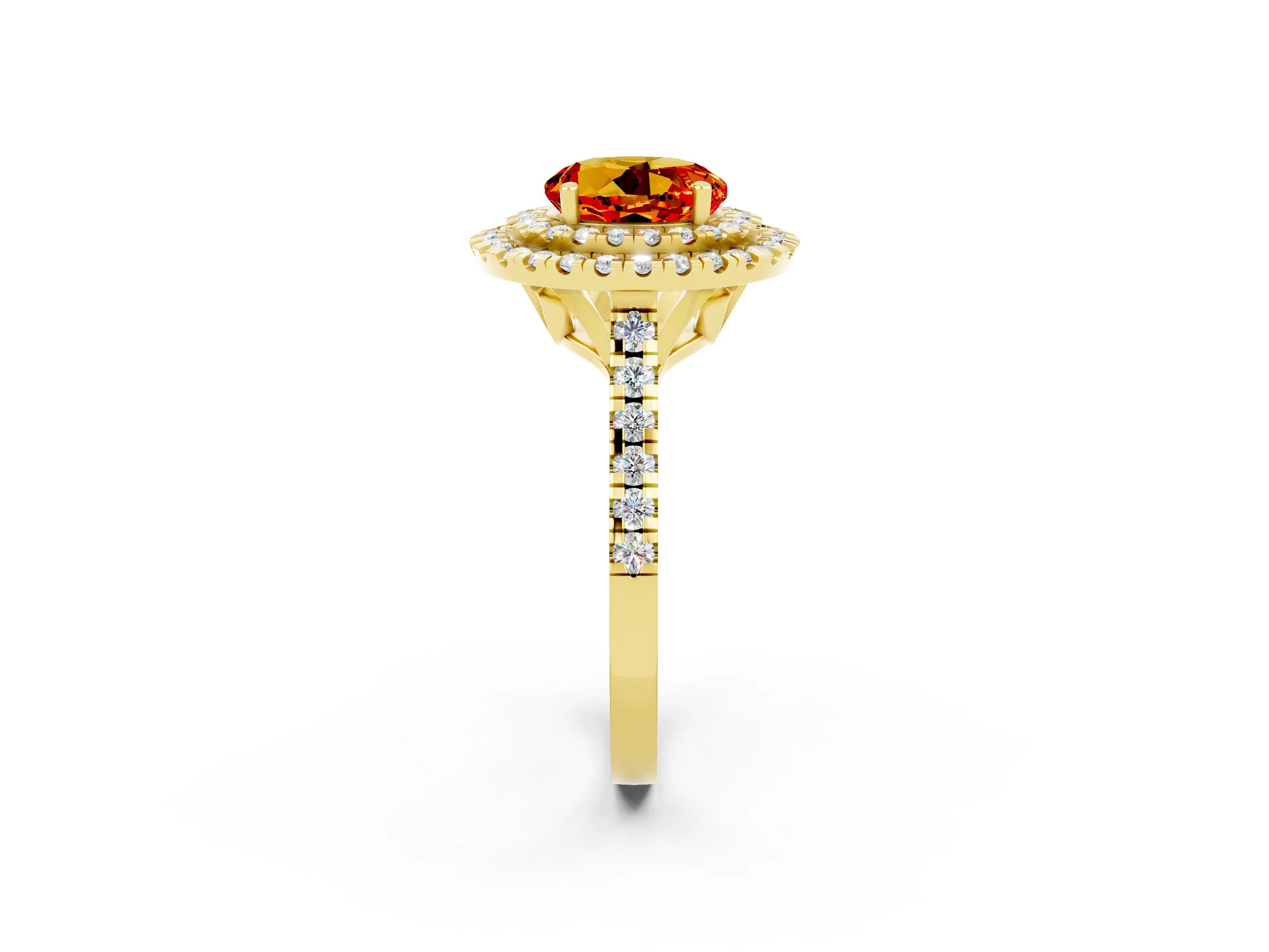 Yellow gold Double Halo Round Cut Citrine Pavé Band with Four-Prong Setting_2