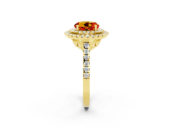 Yellow gold Double Halo Round Cut Citrine Pavé Band with Four-Prong Setting