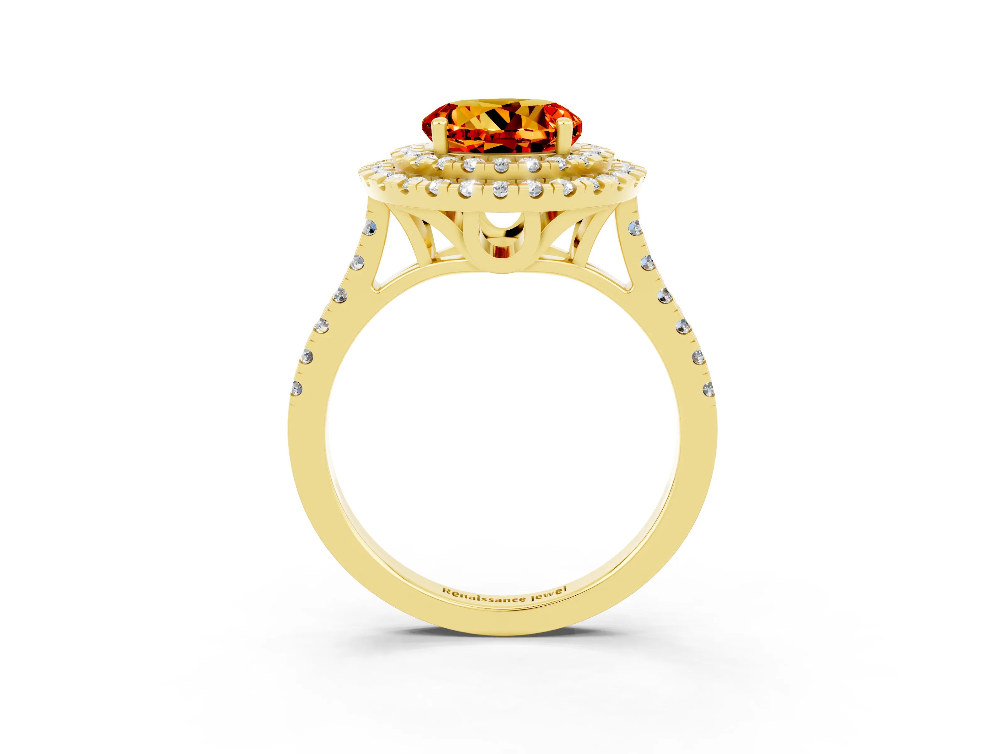 Yellow gold Double Halo Round Cut Citrine Pavé Band with Four-Prong Setting_3