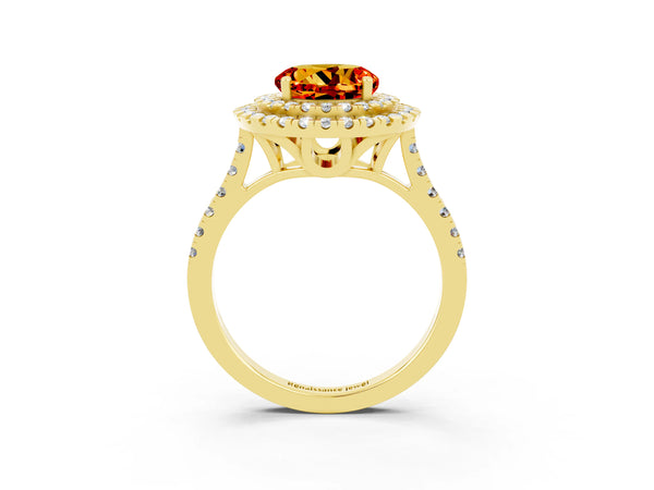 Yellow gold Double Halo Round Cut Citrine Pavé Band with Four-Prong Setting