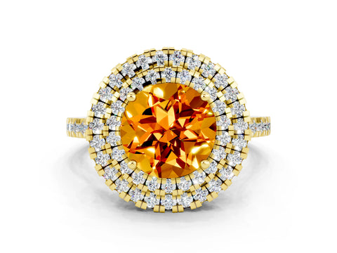 Yellow gold Double Halo Round Cut Citrine Pavé Band with Four-Prong Setting