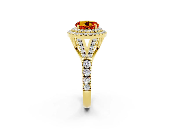 Yellow gold Double Halo Round Cut Citrine Pavé Split Shank Ring with Prong Setting