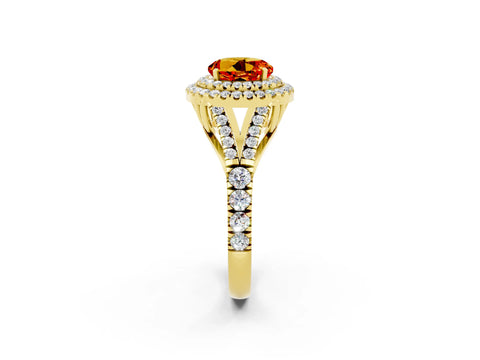 Yellow gold Double Halo Round Cut Citrine Pavé Split Shank Ring with Prong Setting_2