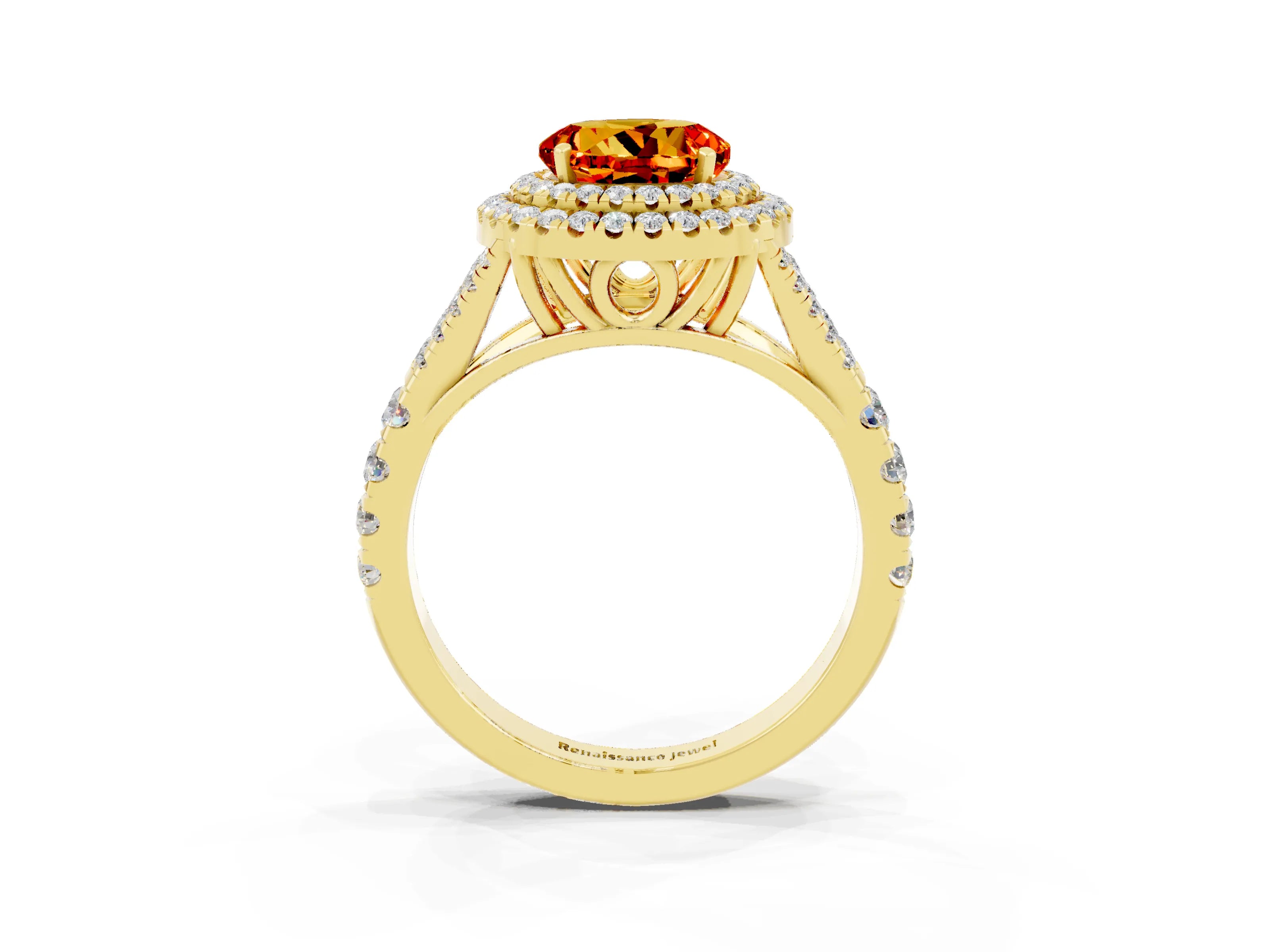 Yellow gold Double Halo Round Cut Citrine Pavé Split Shank Ring with Prong Setting_3