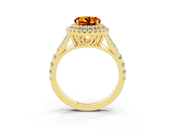 Yellow gold Double Halo Round Cut Citrine Pavé Split Shank Ring with Prong Setting