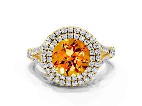 Yellow gold Double Halo Round Cut Citrine Pavé Split Shank Ring with Prong Setting